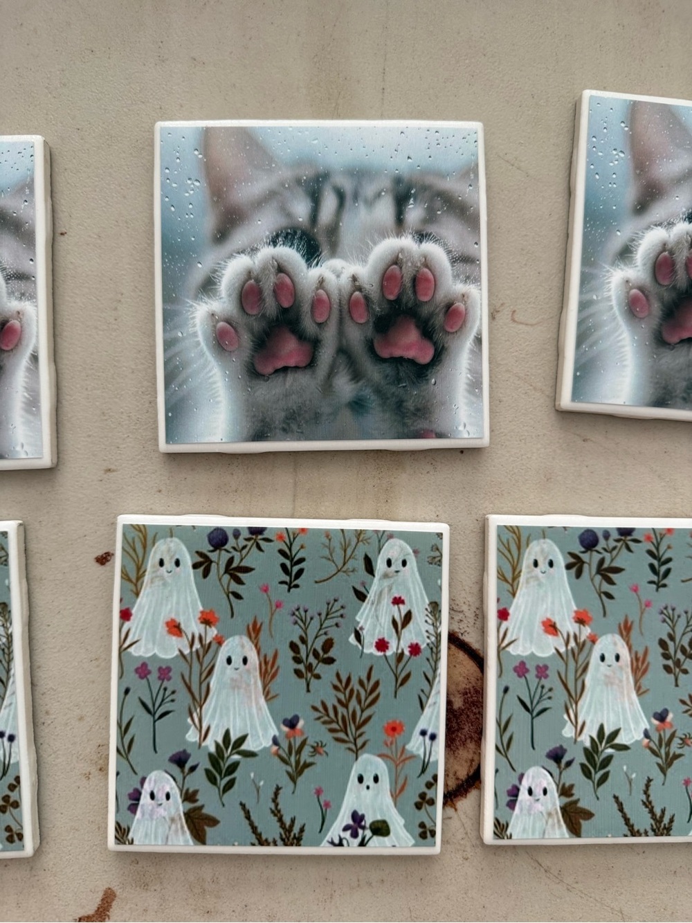 Hand Crafted Blue Gray Cat Paw & Ghost Floral Decorative Tiles